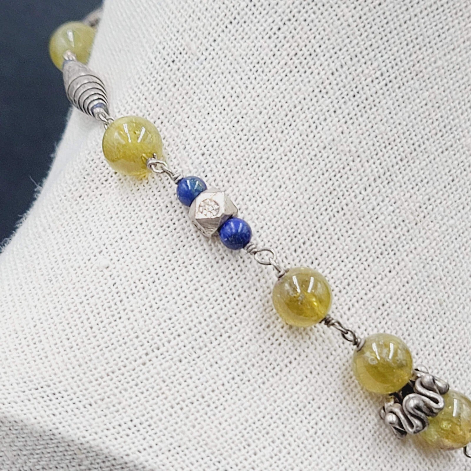 Sterling Silver Necklace Green Glass Blue Lapis Beads 18"-20"