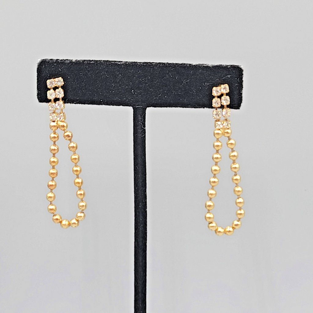 Vintage Dangle Ball Chain Pierced Earrings Rhinestone Gold tone Dangle 2"