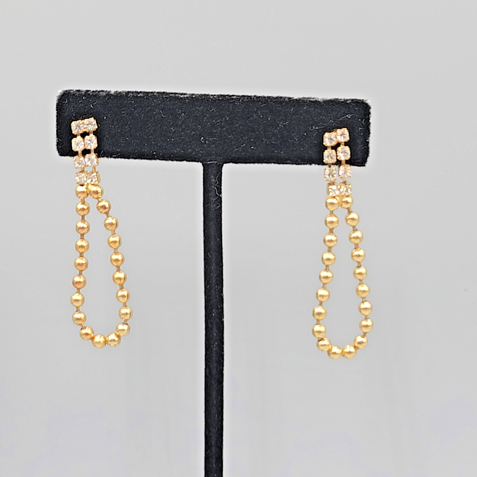 Vintage Dangle Ball Chain Pierced Earrings Rhinestone Gold tone Dangle 2"