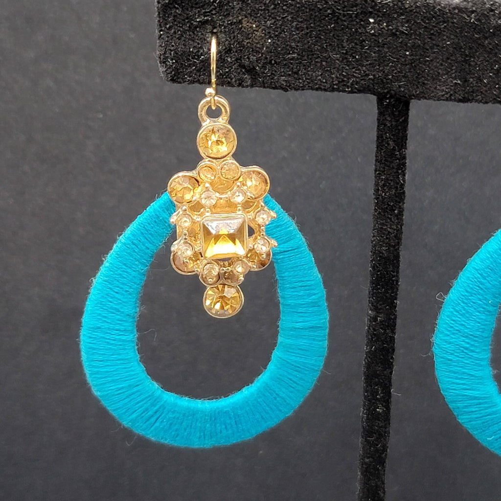 Pierced Earrings Gold tone Yellow Rhinestone Blue String Wrapped Hoops 2.25"
