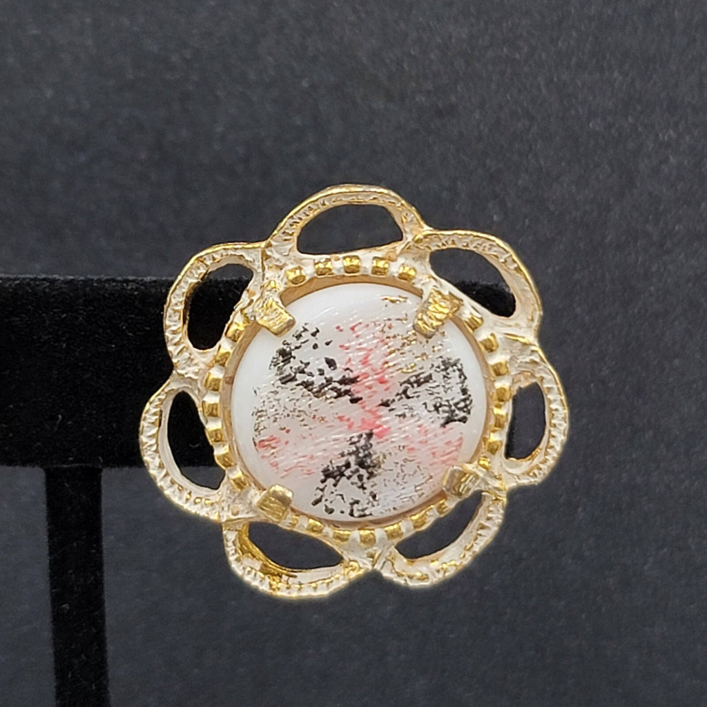 Vintage Clip on Earrings Gold tone White Pink Black Enamel Drop 1 1/8"