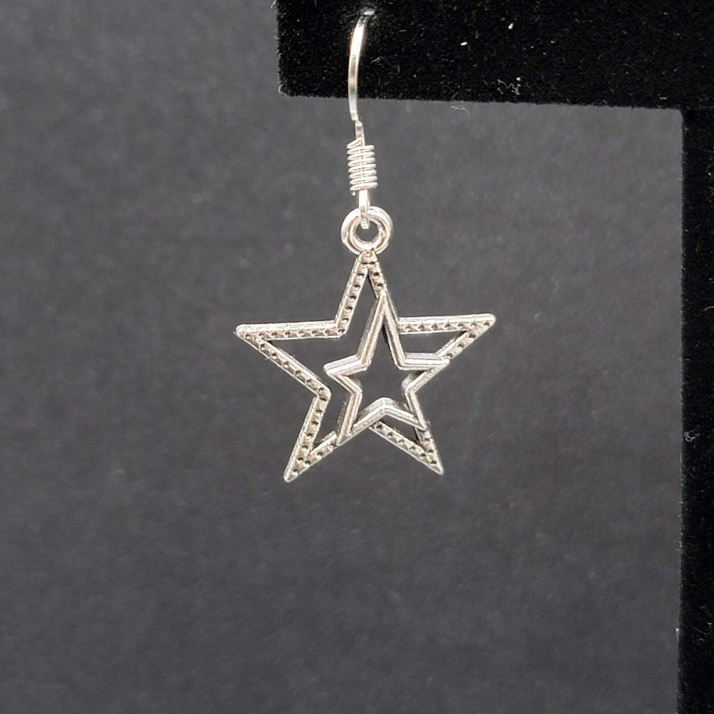 Pierced Earrings Silver tone Dangle Double Open Star 7/8"
