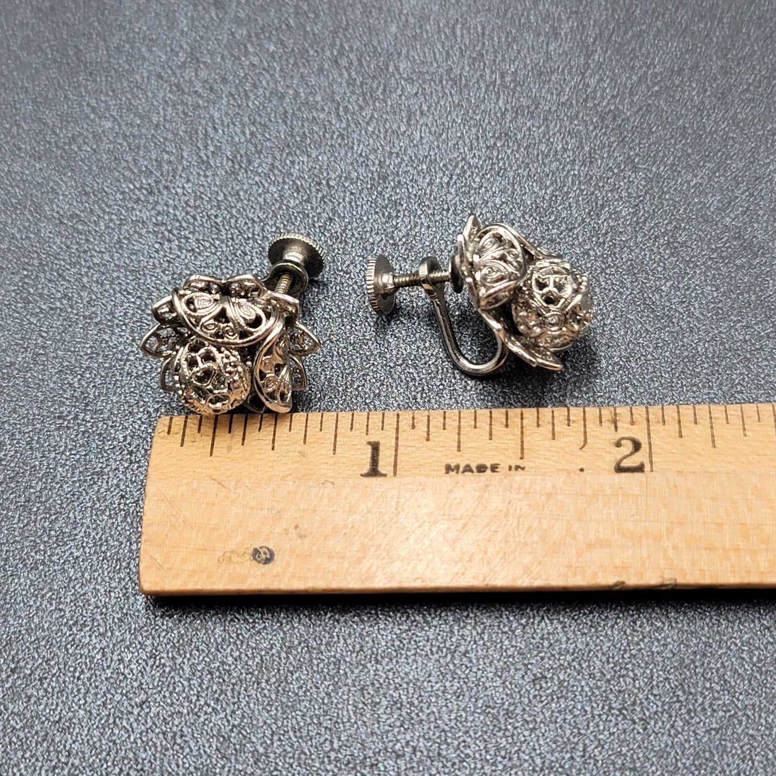 Vintage Clip on Earrings Silver tone Filigree Flower Studs 3/4"