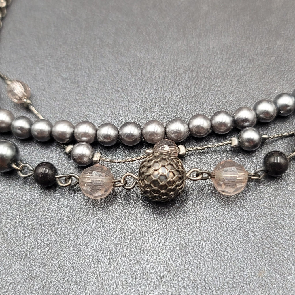 Triple Strand Black Chain Gray Bead Necklace 16"