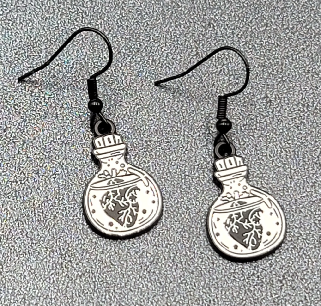 Poison Heart in Jar Pierced Earrings Black White Enamel Dangle 7/8" 