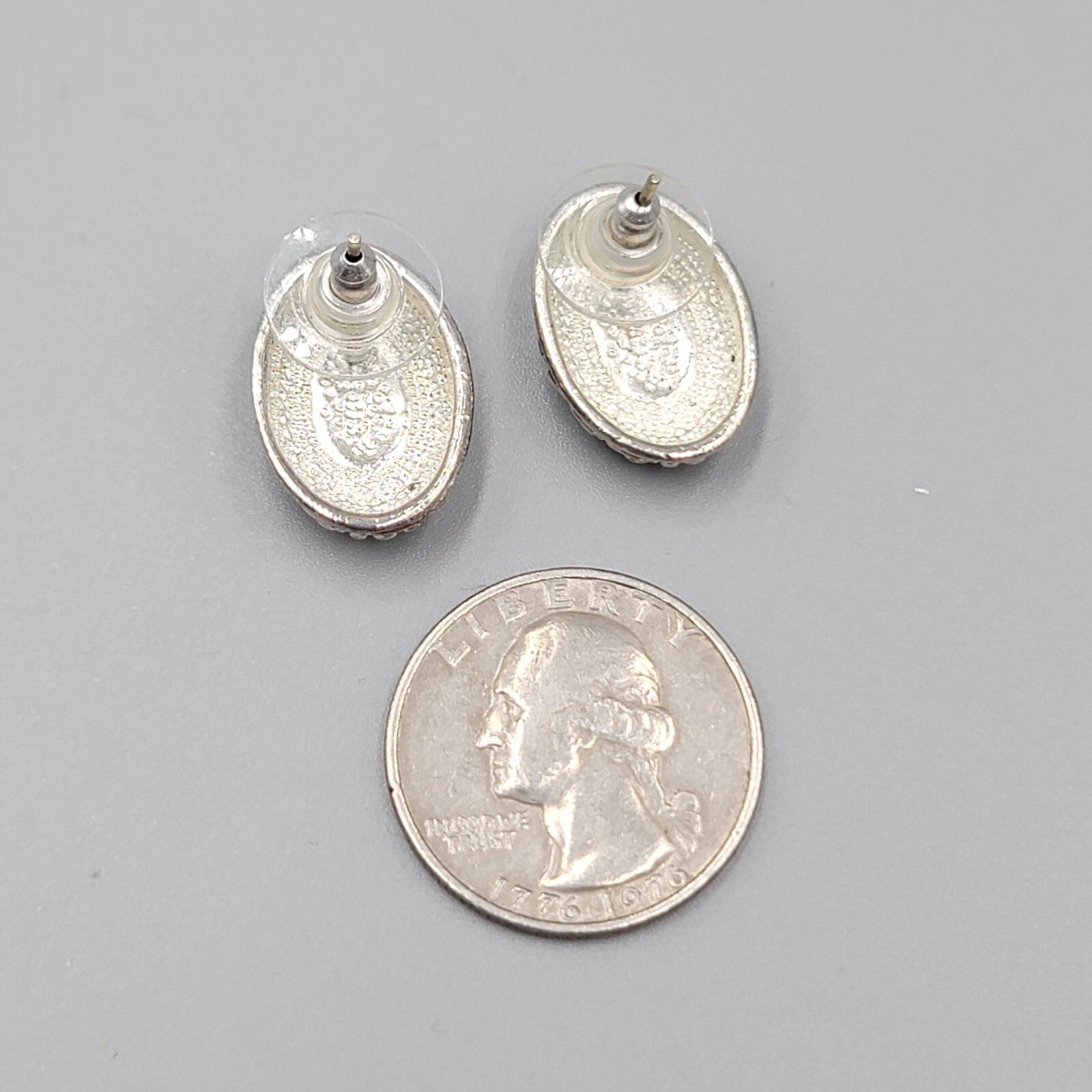 Pierced Earrings Silver tone Embossed Black Enamel Oval Drop 3/4"