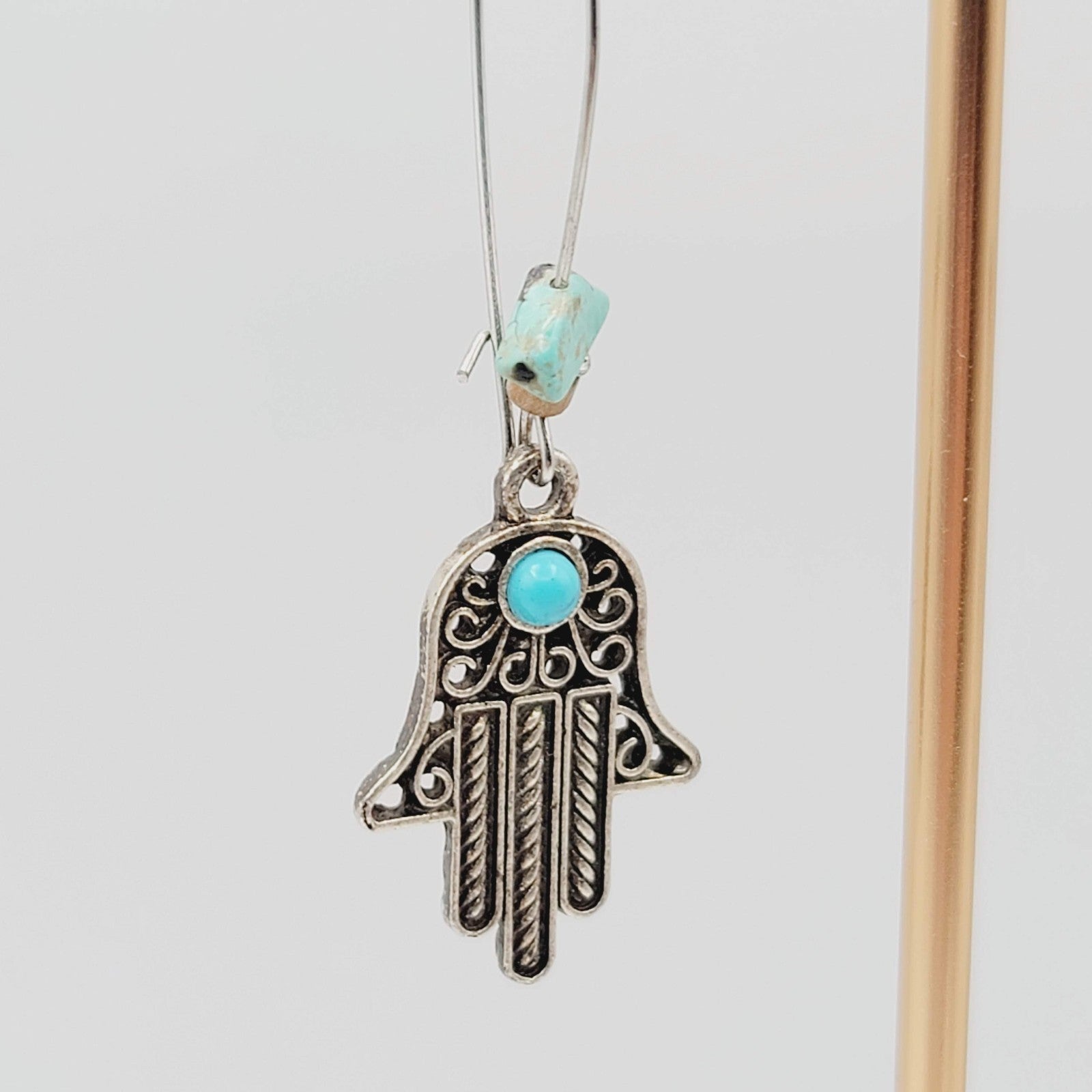 Hamsa Hand Boho Bead Pierced Earrings Silver tone Dangle  2.5 in