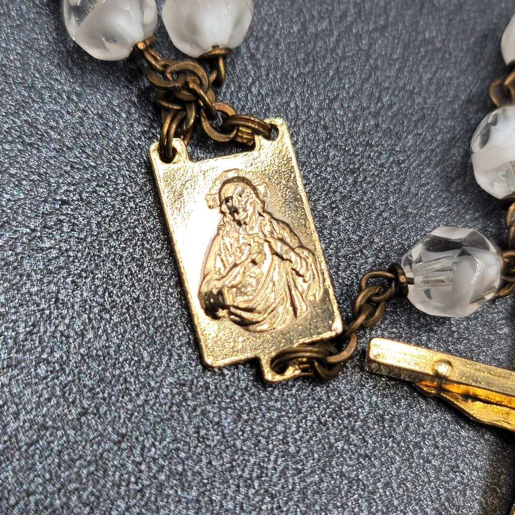 Vintage White Clear Glass Bead Catholic Rosary Crucifix Gold tone