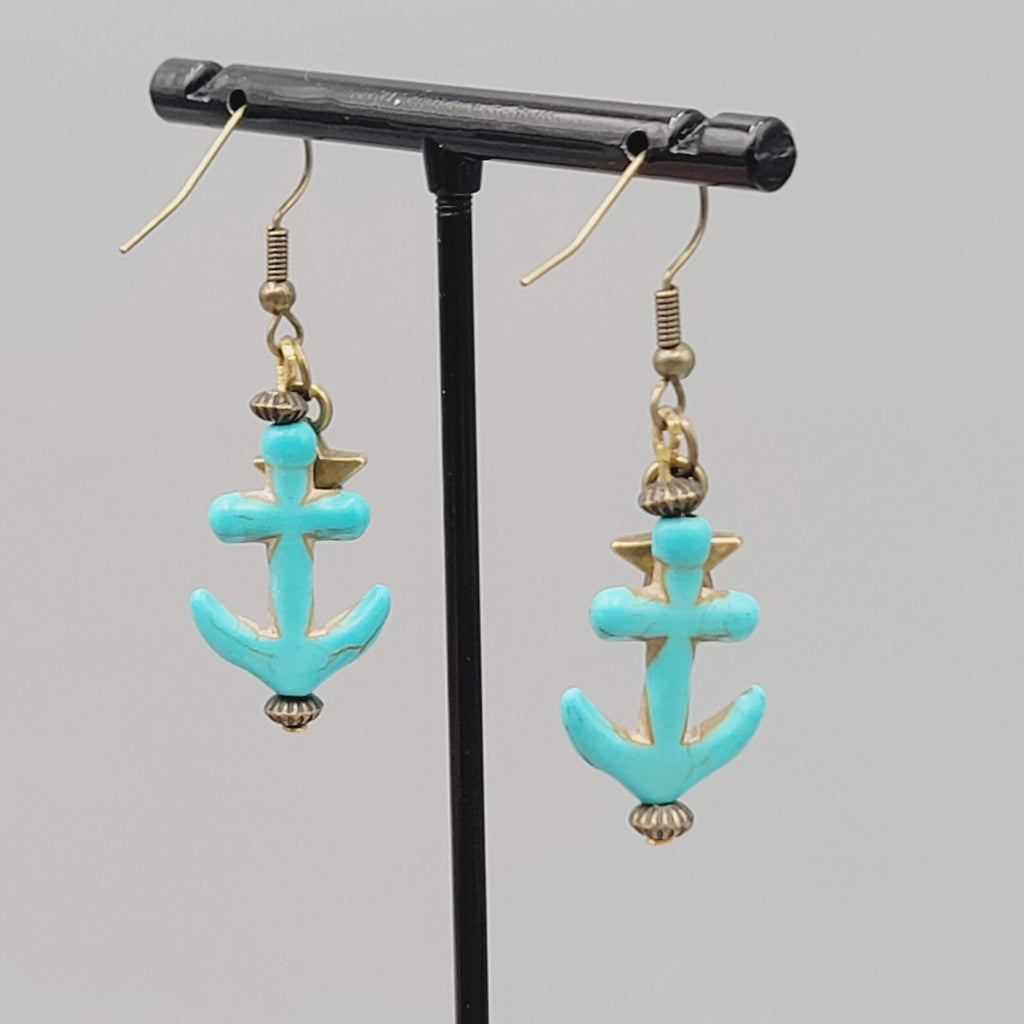 New Blue Howlite Stone Anchor Pierced Earrings Bronze tone Dangle Nautical 1.25"