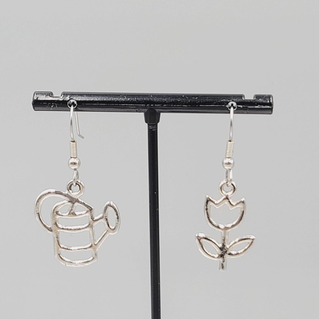 Gardener Pierced Earrings Garden Flower Watercan Silver tone Dangle 1"