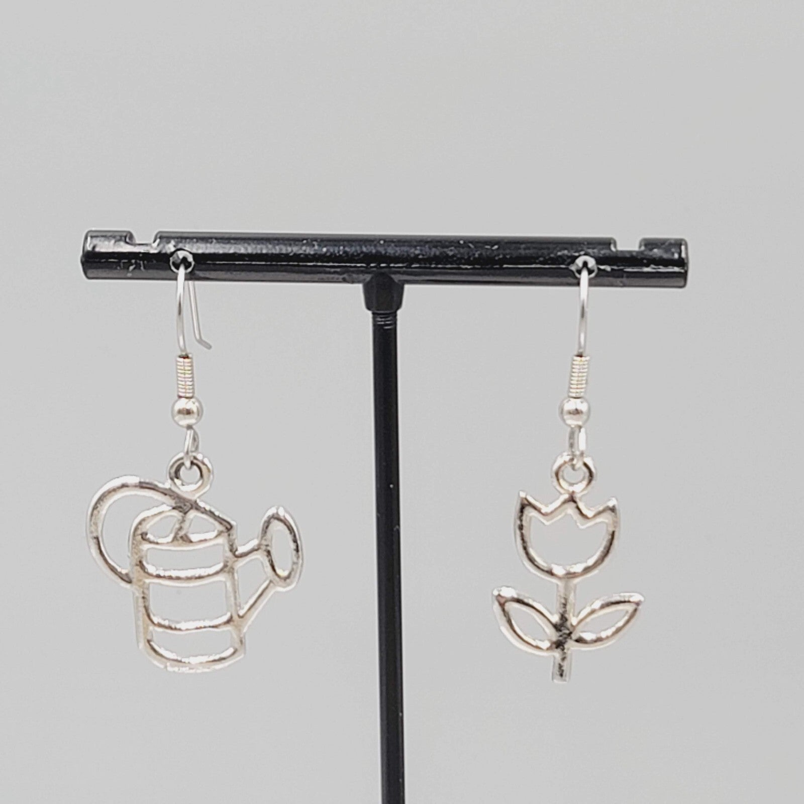Gardener Pierced Earrings Garden Flower Watercan Silver tone Dangle 1"