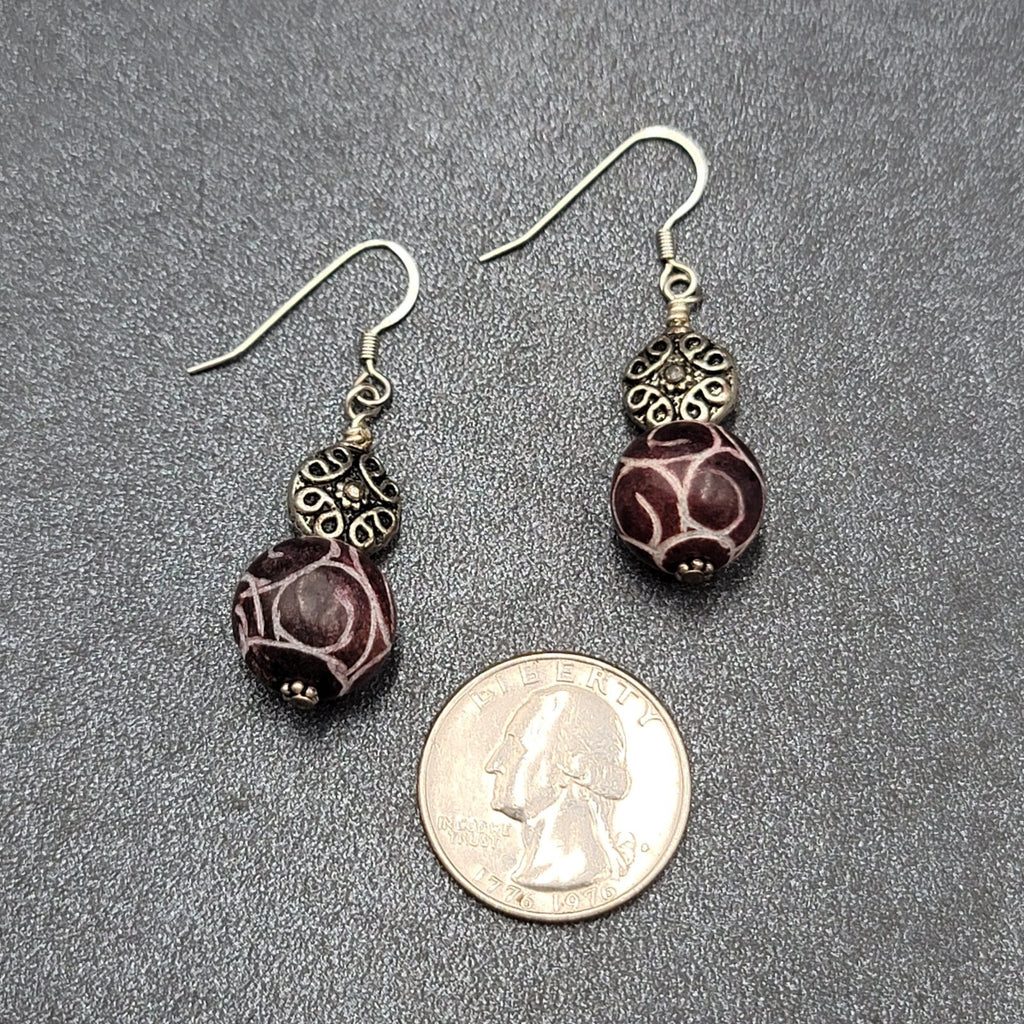 Pierced Earrings Silver tone Hand Carved Purple Stone Bead Dangle  1.25"