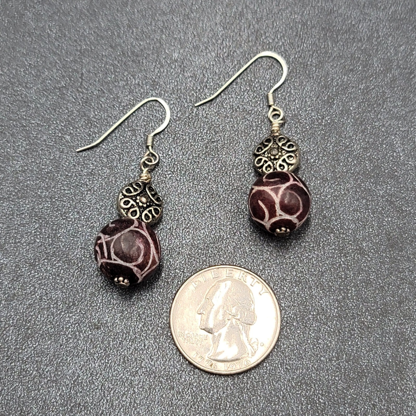 Pierced Earrings Silver tone Hand Carved Purple Stone Bead Dangle  1.25"