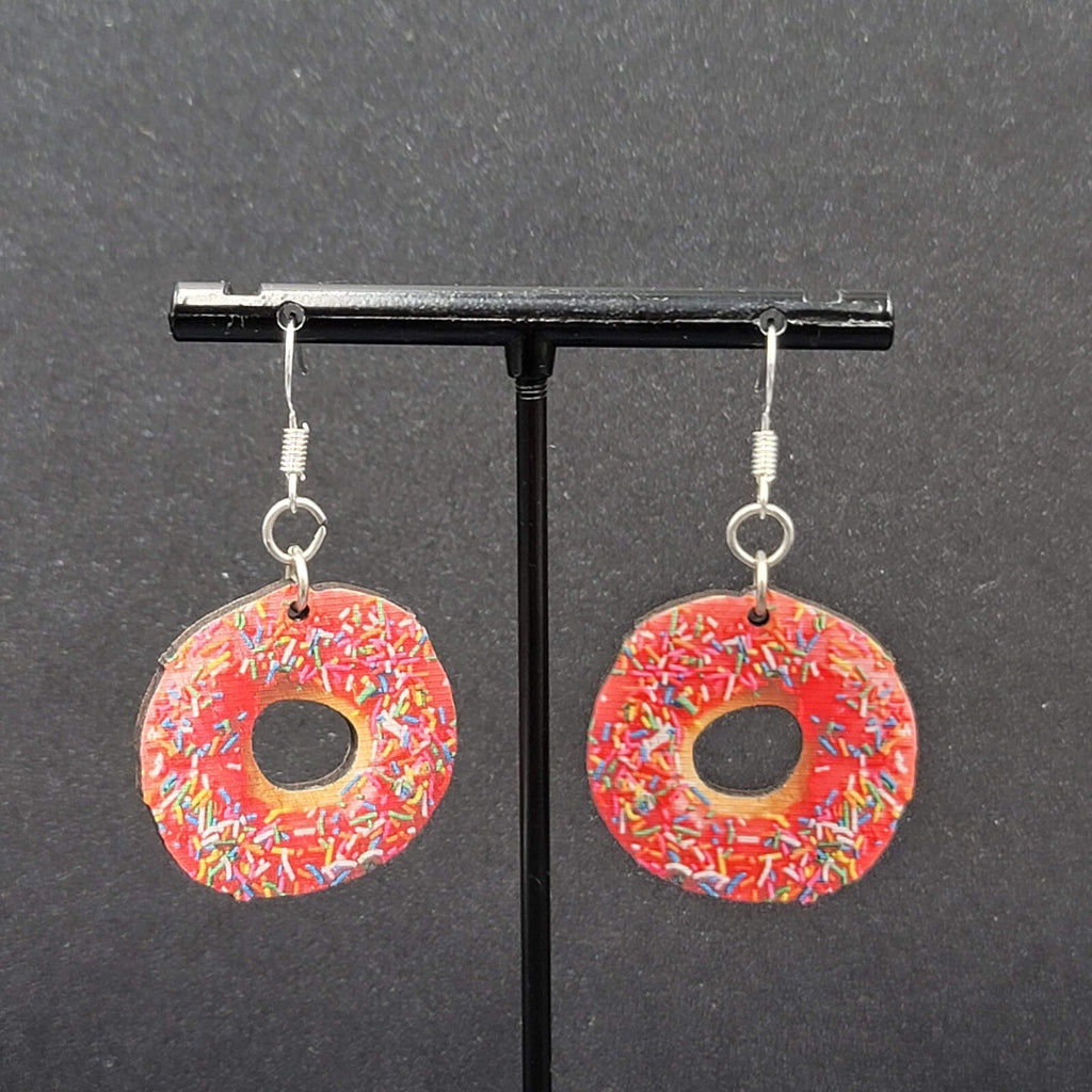 Pierced Earrings Pink Sprinkle Donuts Wood Dangle 1"