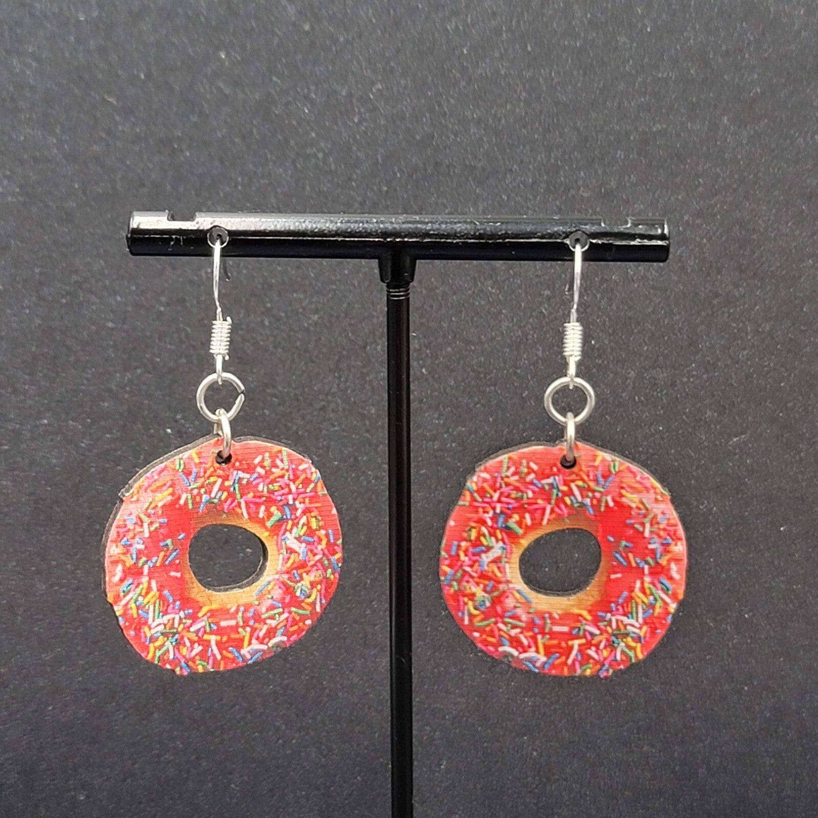 Pierced Earrings Pink Sprinkle Donuts Wood Dangle 1"