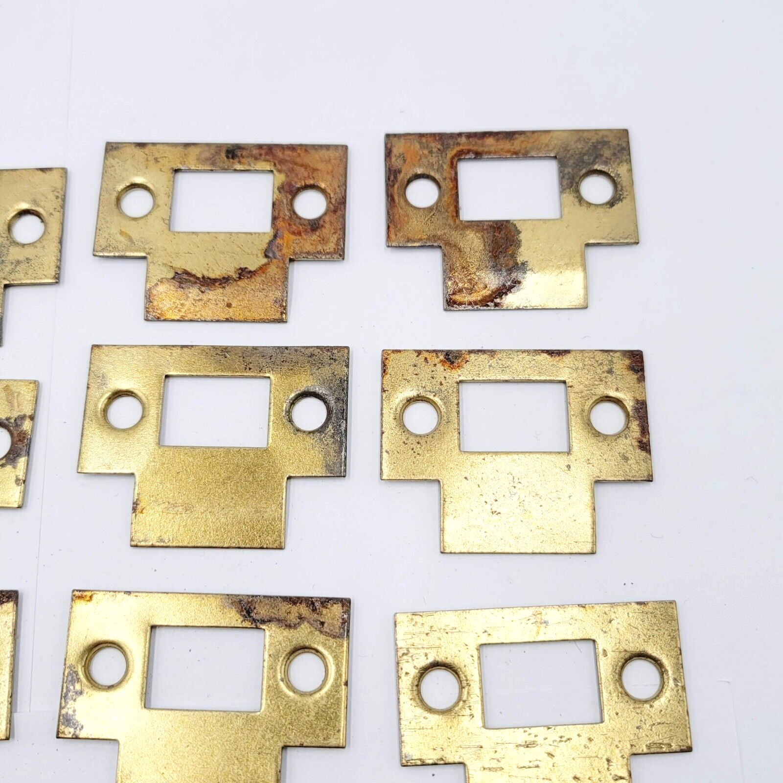 Lot of 16 Vintage Door Lock Strike Plate Gold color Steel Reclaim Salvage 2"x1"