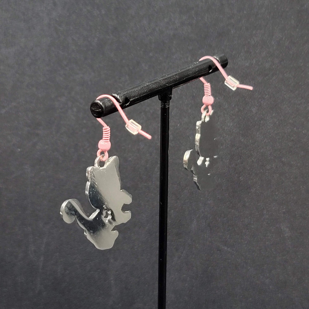 Pierced Earrings Pink White Enamel Kitty Cat Dangle Silver tone  1 1/8"
