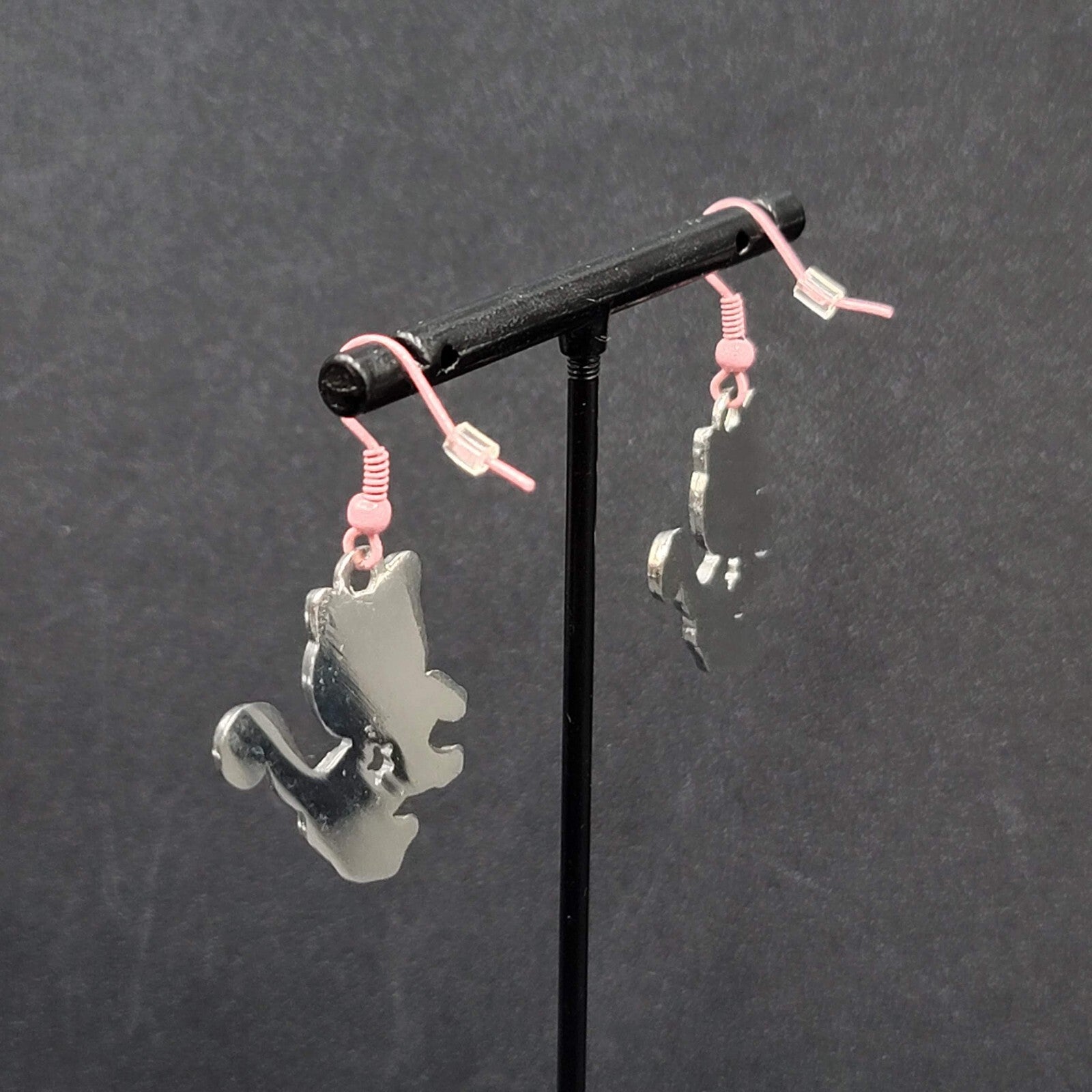 Pierced Earrings Pink White Enamel Kitty Cat Dangle Silver tone  1 1/8"