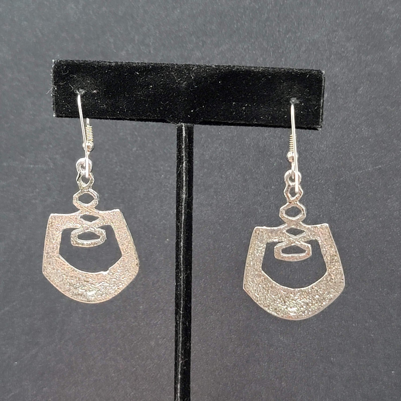 Pierced Earrings Silver Plated Blue Enamel Geometric Dangle 1.5"