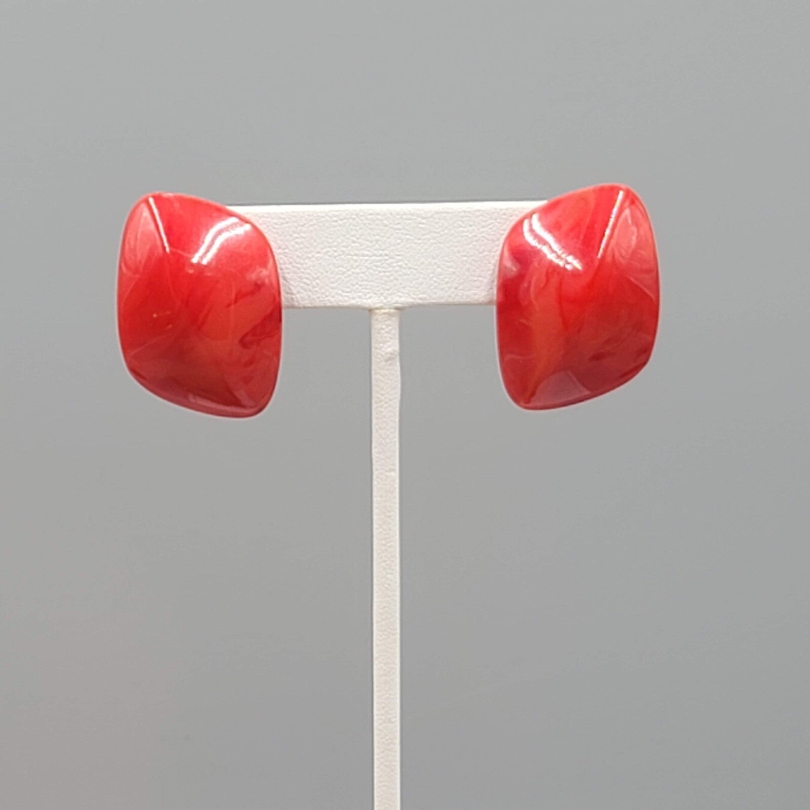 Vintage Red Acrylic Pierced Earrings Statement Geometric Puffy Drop 1.25"
