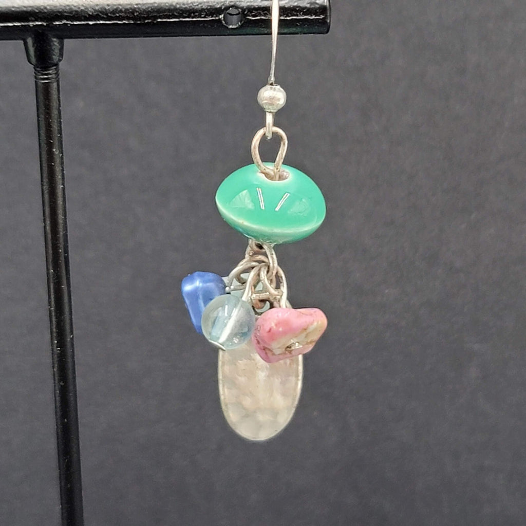 Pierced Earrings Silver tone Dangle Mixed Multicolor Cluster Beads 1.5"