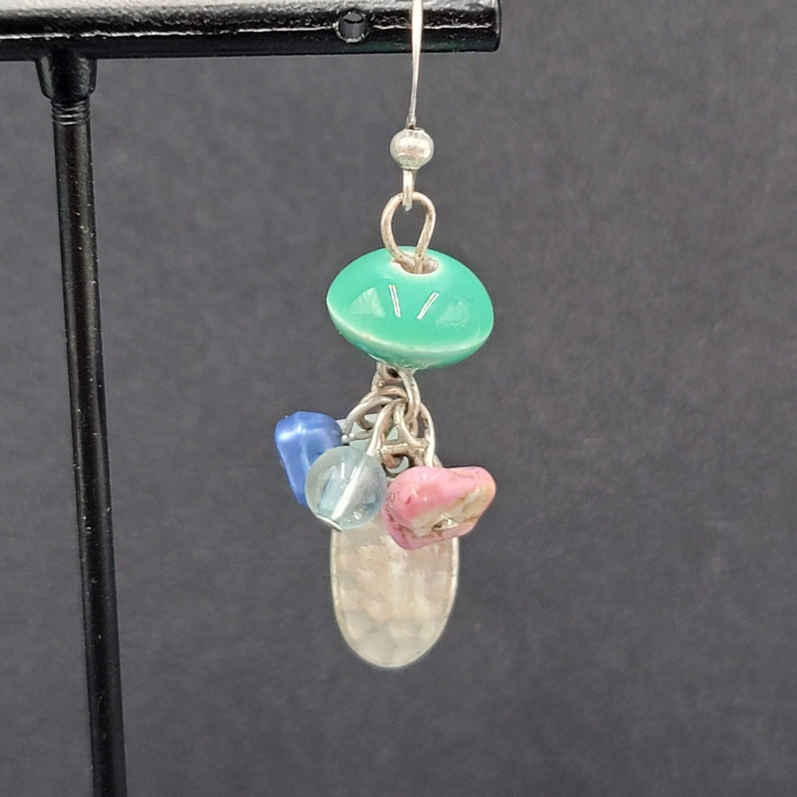 Pierced Earrings Silver tone Dangle Mixed Multicolor Cluster Beads 1.5"