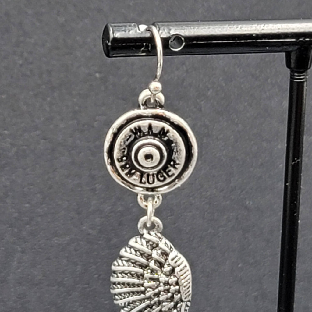 Pierced Earrings Luger Bullet Ends Angel Wings Dangle 2.5"