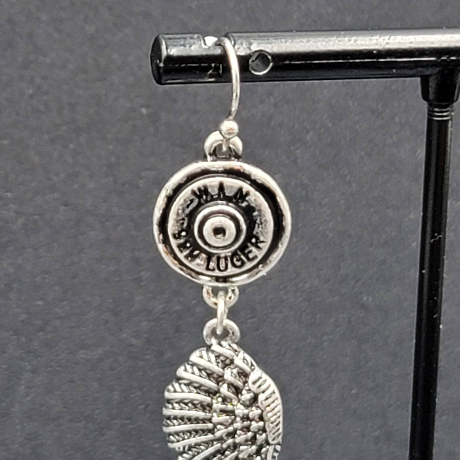 Pierced Earrings Luger Bullet Ends Angel Wings Dangle 2.5"