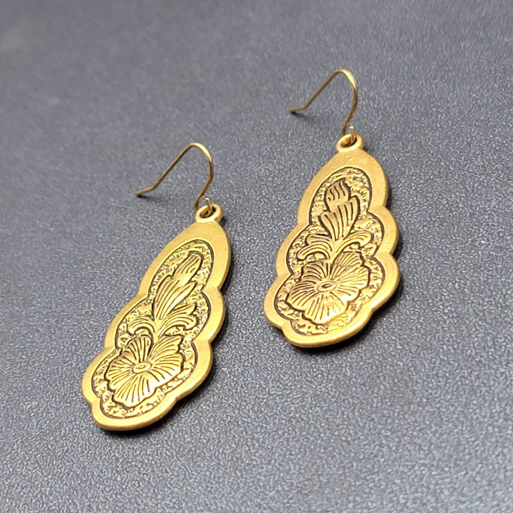 Pierced Earrings Gold Plated Black Embossed Flowers Dangle 1.75"