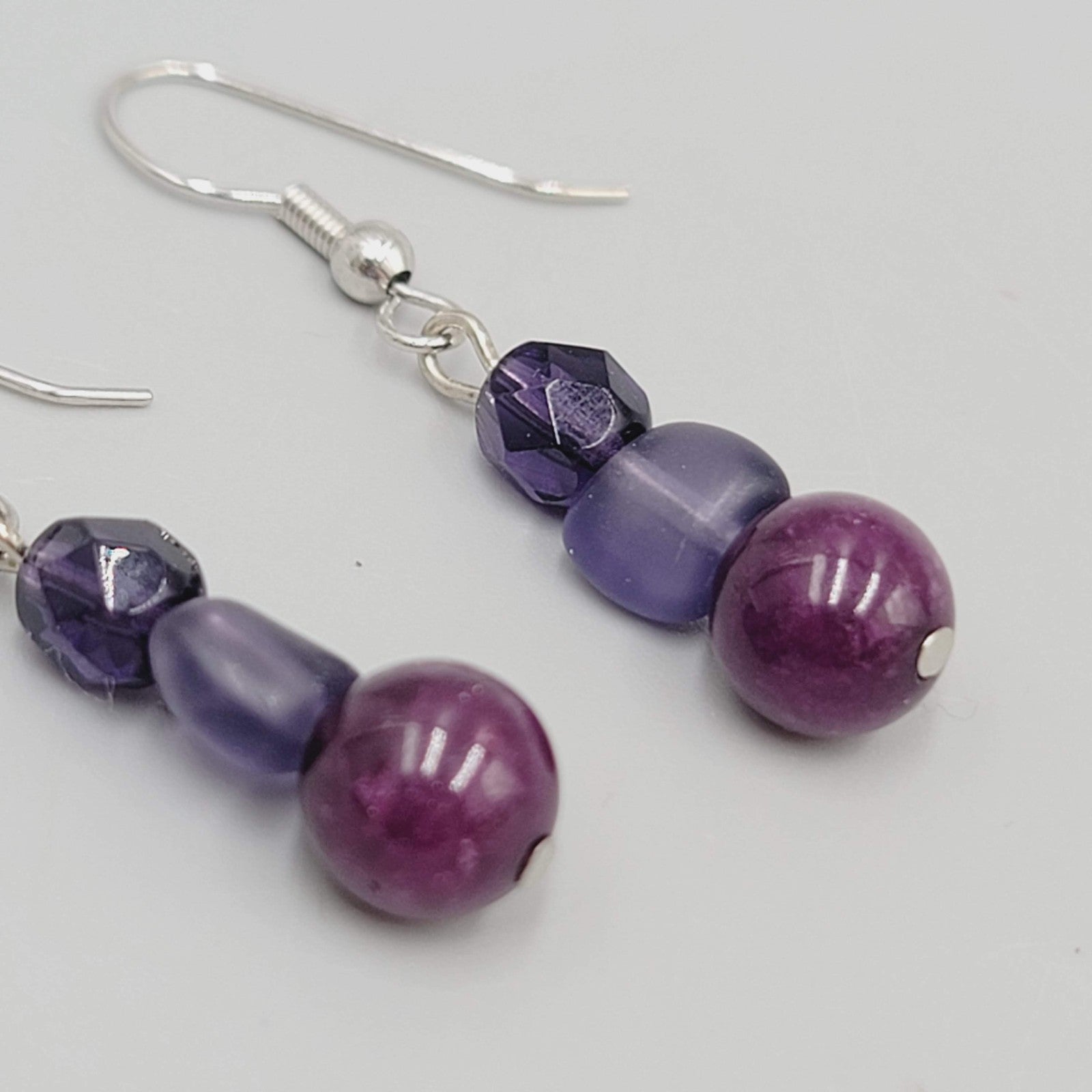 Amethyst and Purple Glass Pierced Earrings  Silver tone Dangle 1"