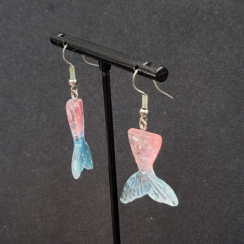 Mermaid Tail Pierced Earrings Pink Blue Glitter Resin Dangle 1.25"