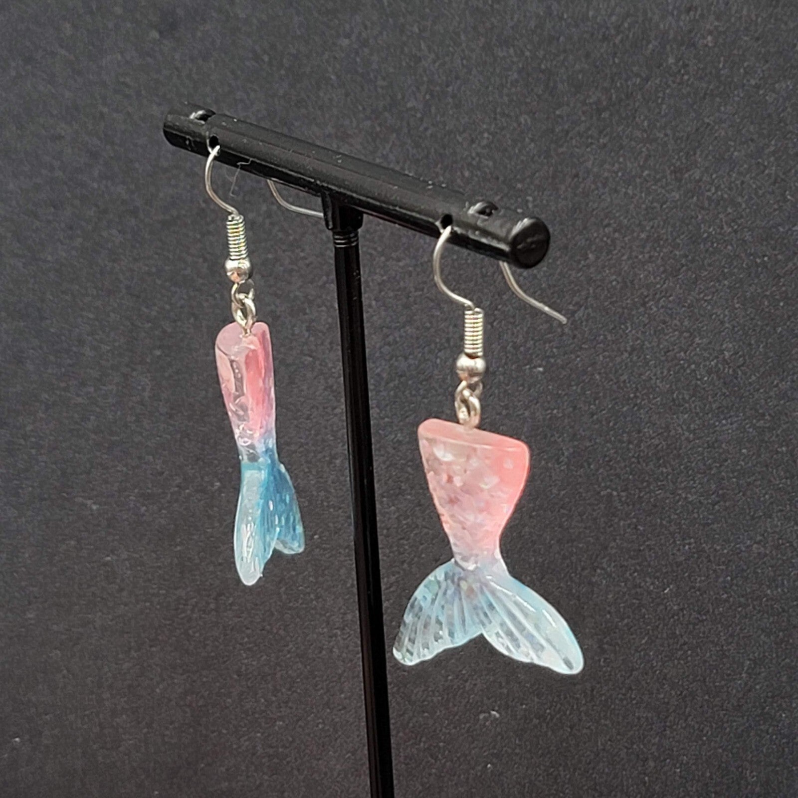 Mermaid Tail Pierced Earrings Pink Blue Glitter Resin Dangle 1.25"