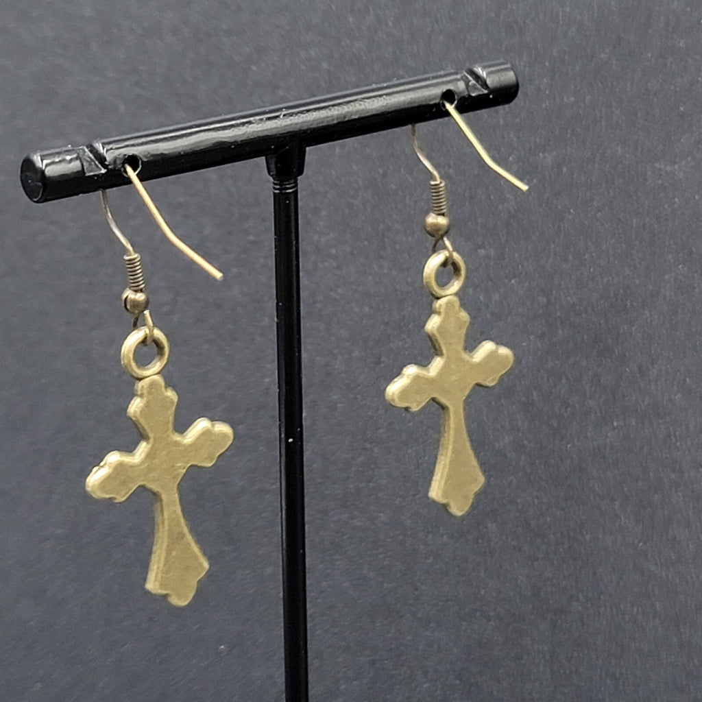 New Crucifix Cross Pierced Earrings Bronze tone Dangle 1 1/8"