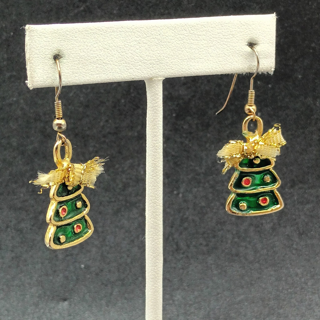Pierced Earrings Gold tone Green Enamel Christmas Tree Bow Dangle 1"