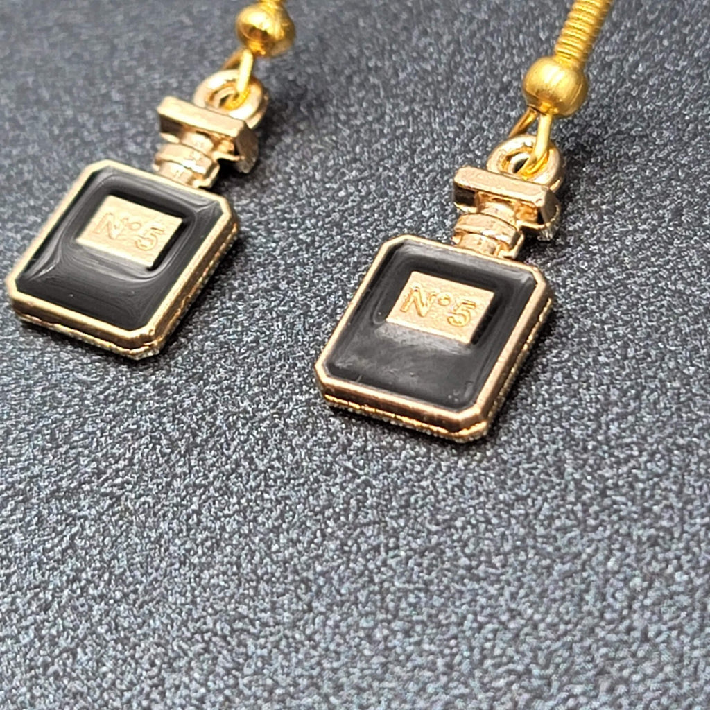 No 5 Perfume Pierced Earrings Gold tone Black Enamel Dangle 5/8"