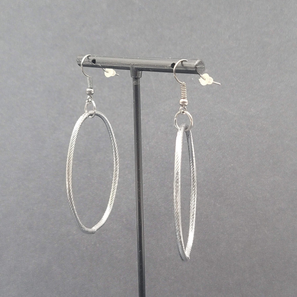 Pierced Earrings Black Metal Textured Oval Long Hoops Dangle 2"