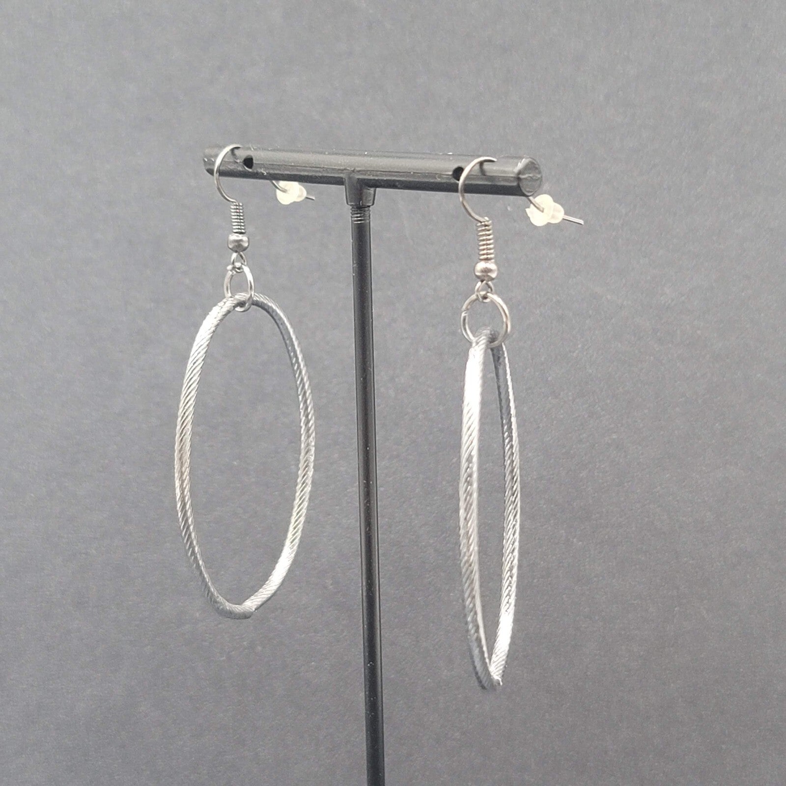 Pierced Earrings Black Metal Textured Oval Long Hoops Dangle 2"
