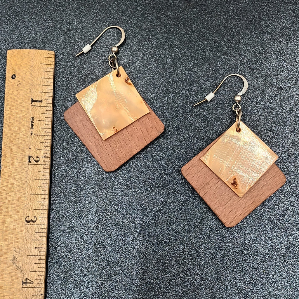 Pierced Earrings Wood Shell Square Geometric Silver tone Hook Dangle 1 3/4"