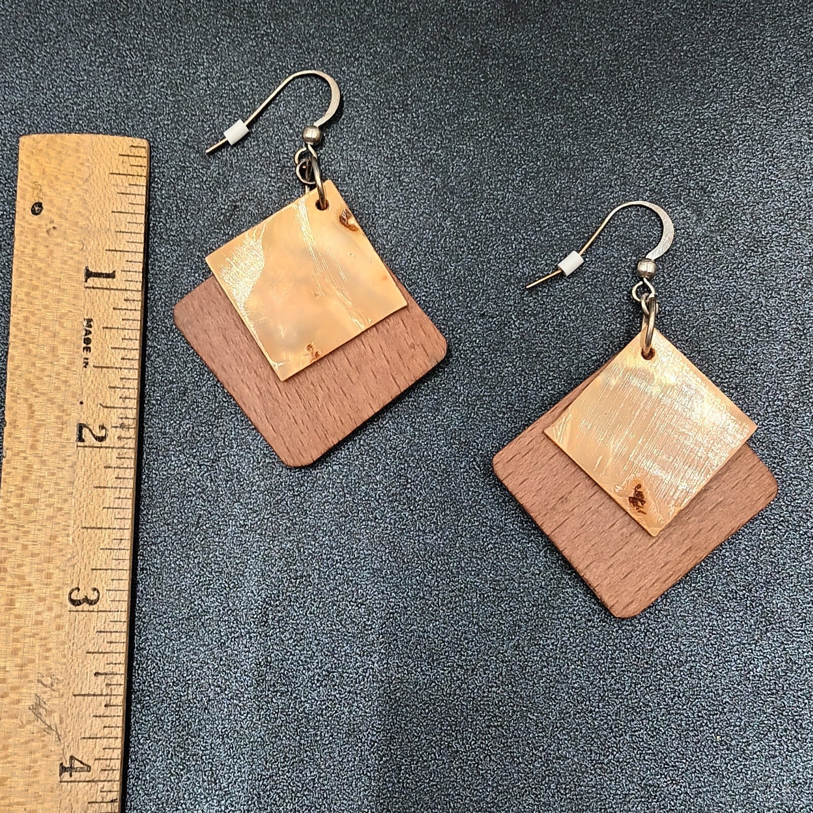Pierced Earrings Wood Shell Square Geometric Silver tone Hook Dangle 1 3/4"