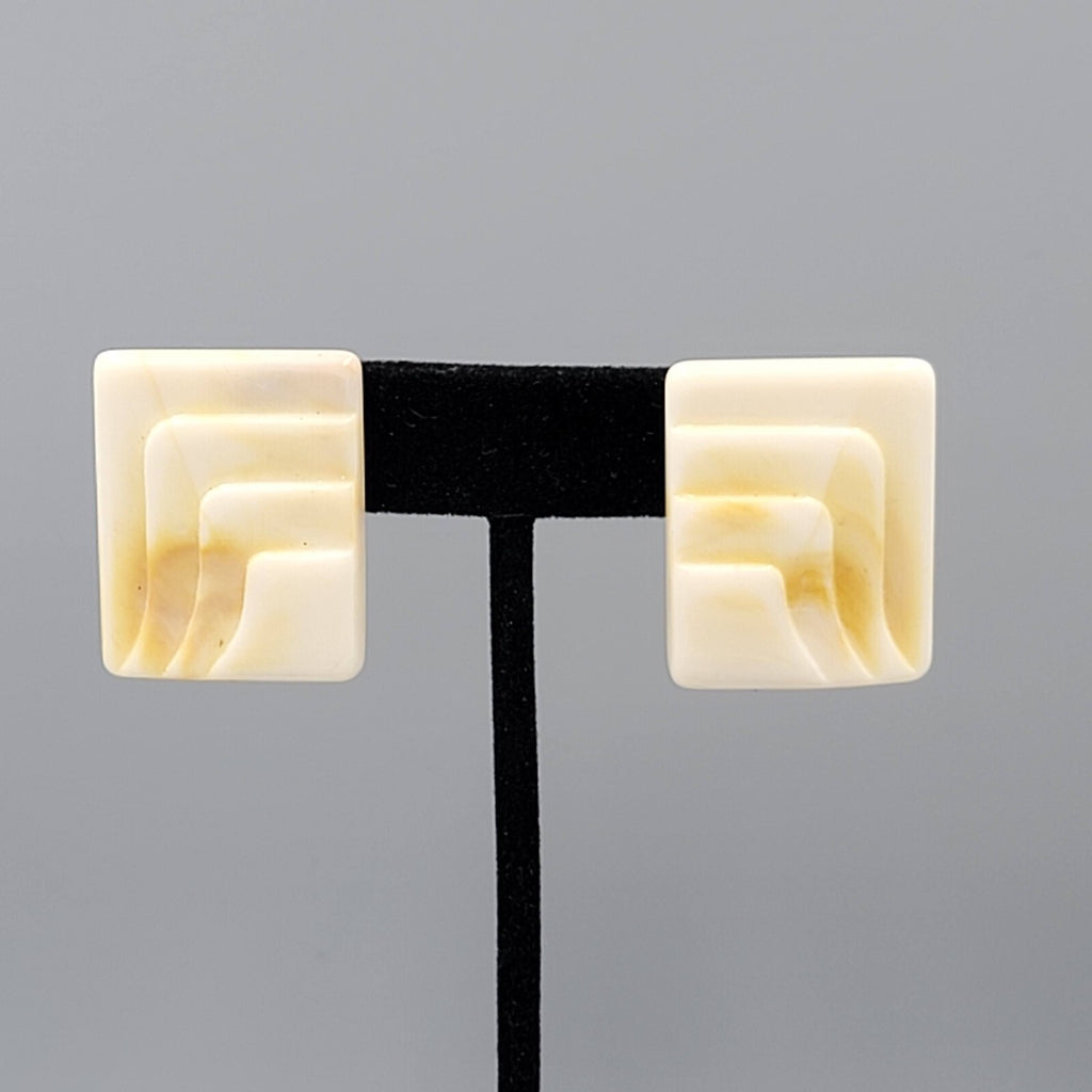 Vintage Pierced Earrings Acrylic Rectangle Drop Beige Tan Swirl 1.25"
