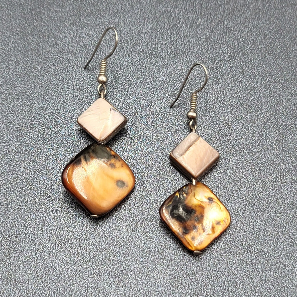 Pierced Earrings Silver tone Dyed Brown Shell Square Beads Dangle 1 3/8"
