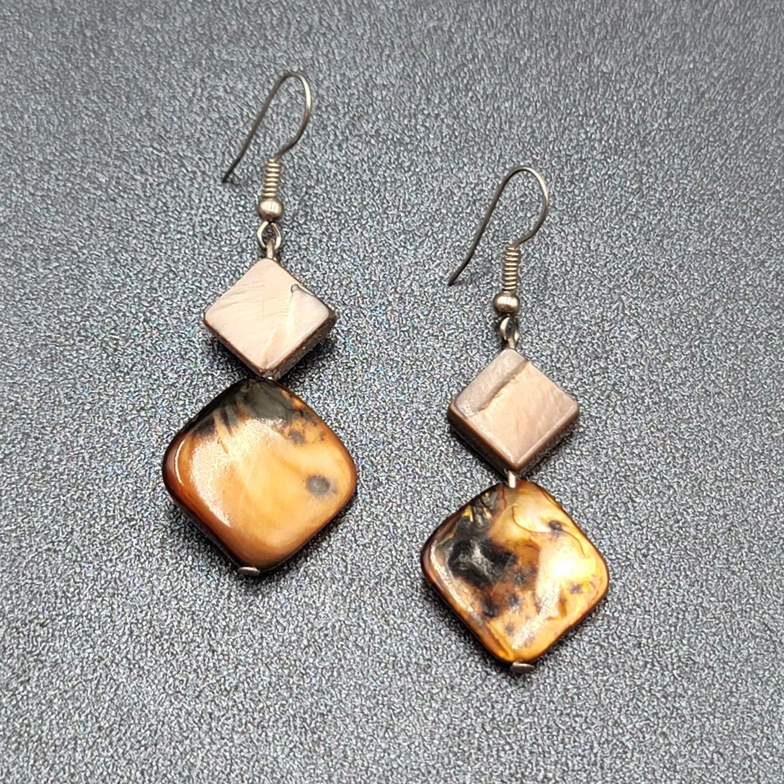Pierced Earrings Silver tone Dyed Brown Shell Square Beads Dangle 1 3/8"