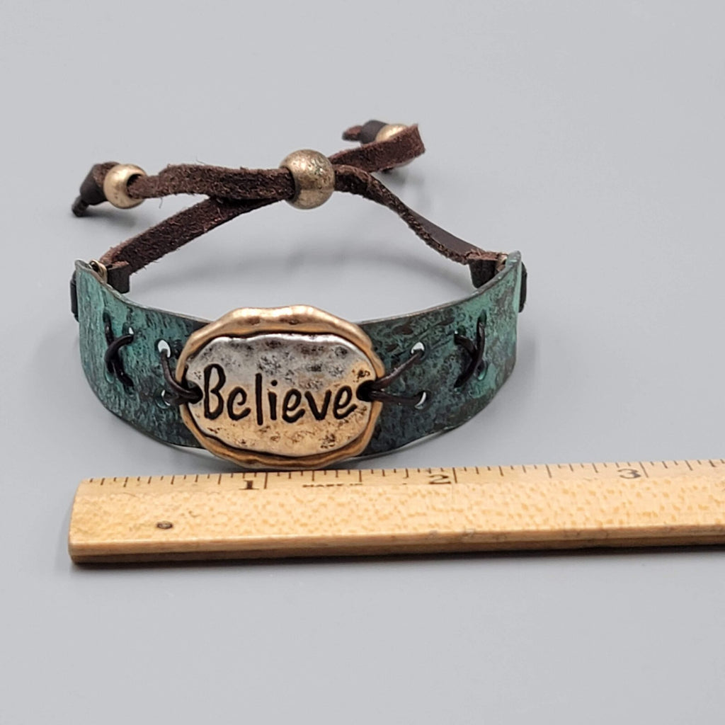 Believe Bracelet Metal and Leather Adjustable Strap Men Women Unisex