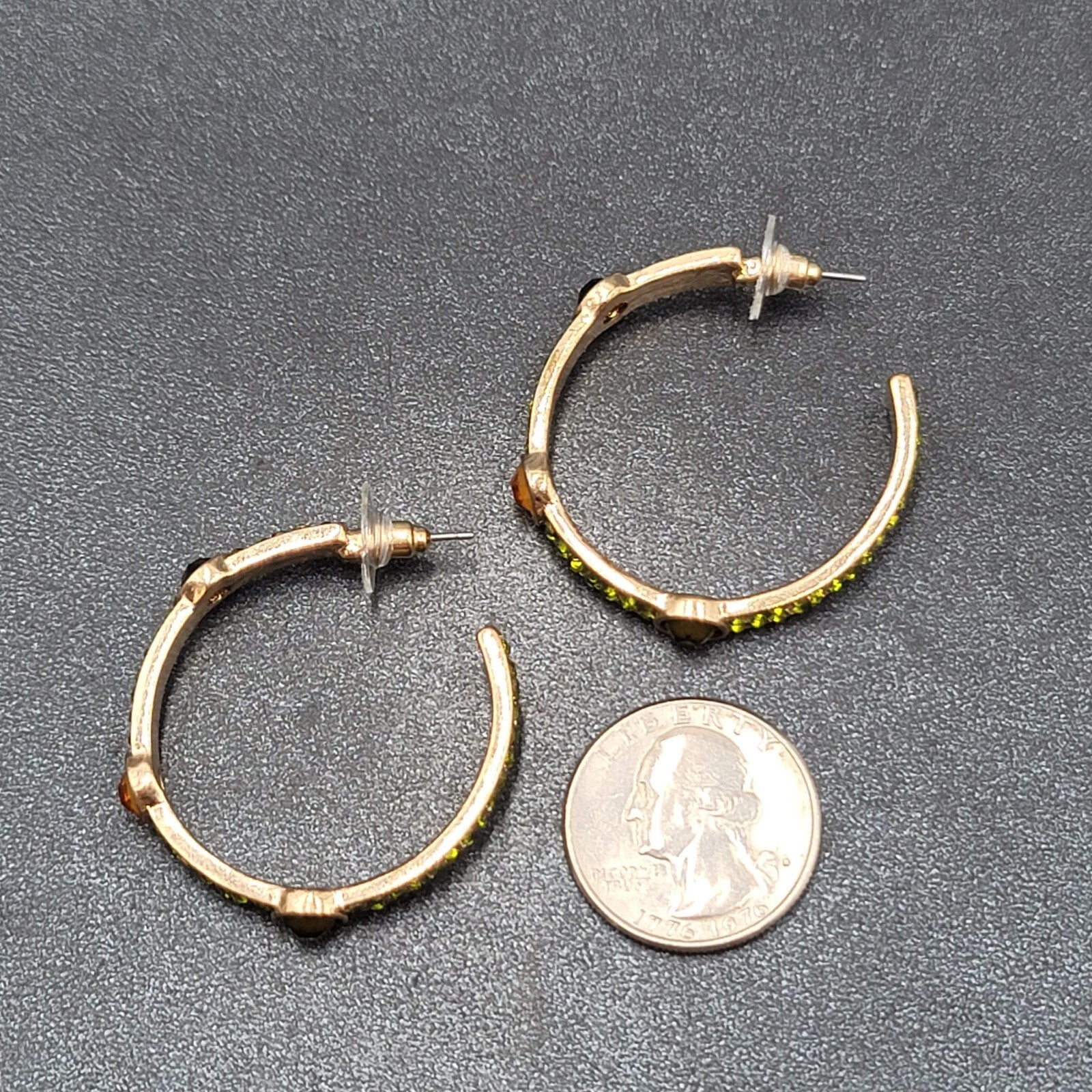 Pierced Earrings Gold tone Green Rhinestone Hoops 1 3/8"