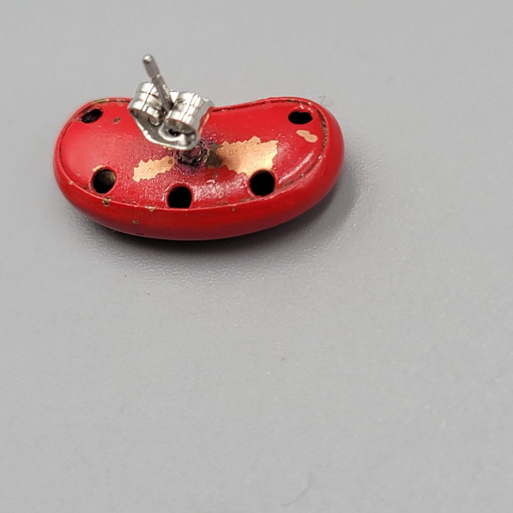 Vintage Red Enamel Pierced Earrings Kidney Shape Drop 3/4"