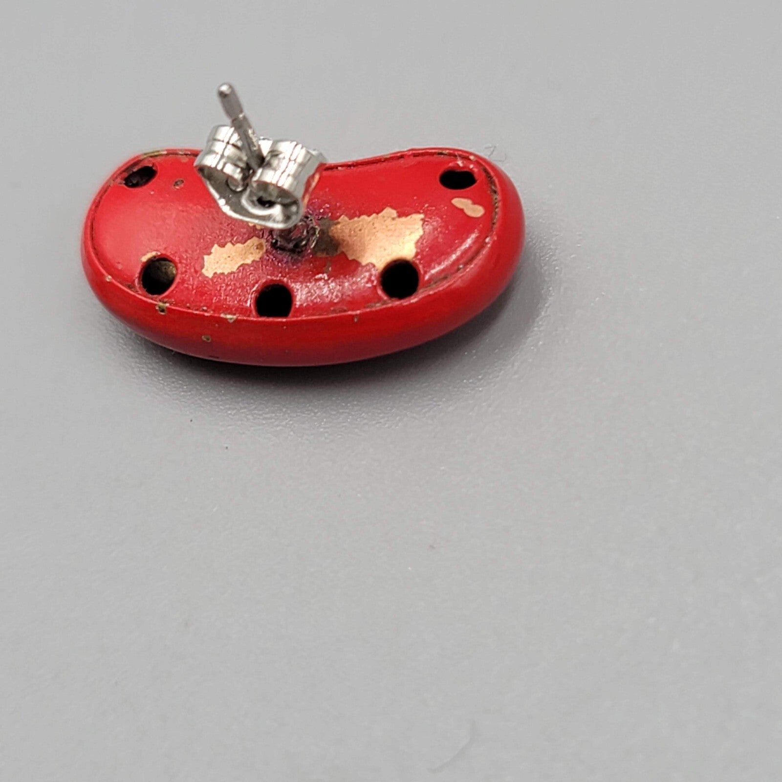 Vintage Red Enamel Pierced Earrings Kidney Shape Drop 3/4"