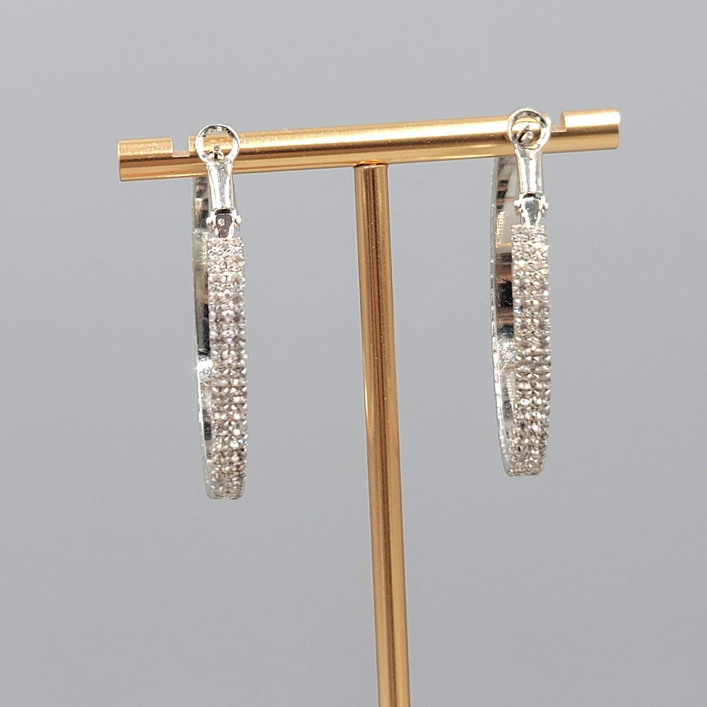 Rhinestone Studded Round Hoops Pierced Earrings Silver tone 1.5 in