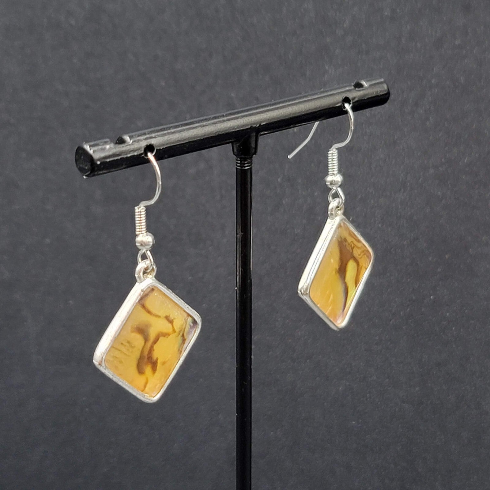 Pierced Earrings Silver tone Yellow Faux Abalone Square Dangle 7/8"