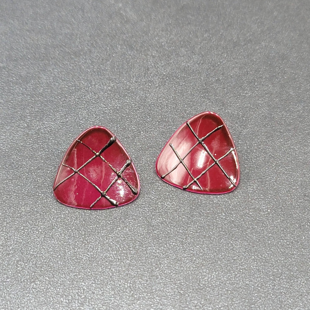 Vintage Pierced Earrings Burgundy Red Black Enamel over Metal Triangle Drop 3/4"