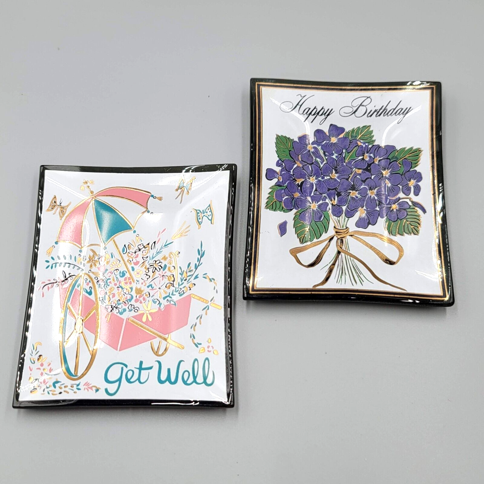 Vintage Houze Art Tray Happy Birthday and Get Well Glass Tray Lot Flowers